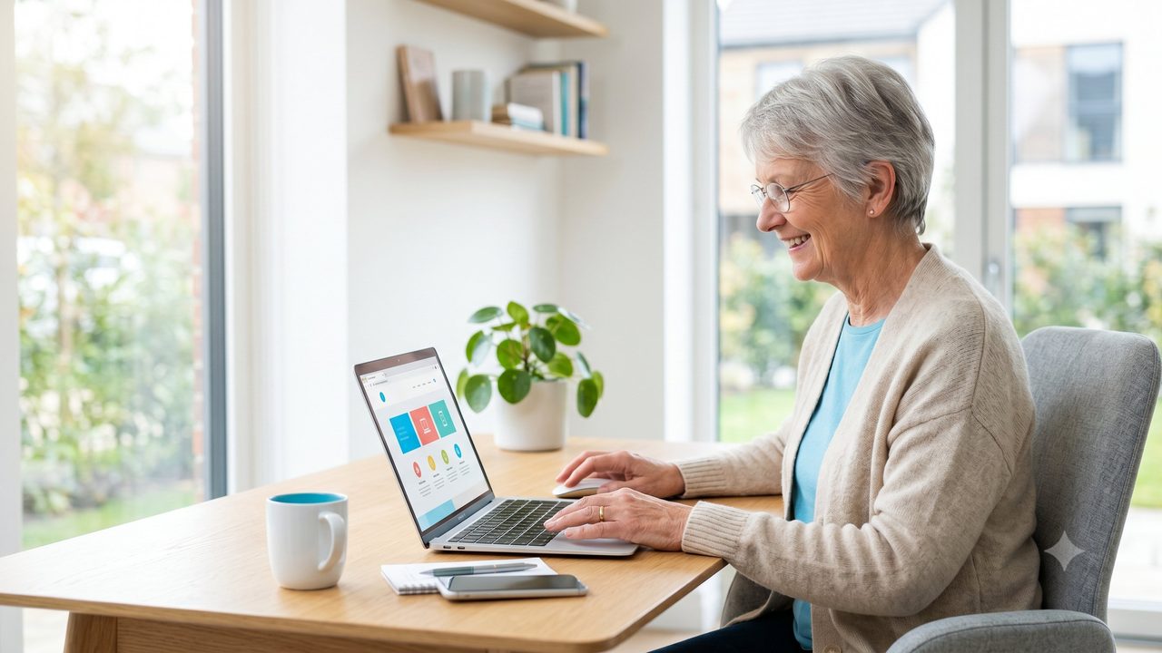 Une femme senior souriante apprend l'informatique sur son ordinateur portable