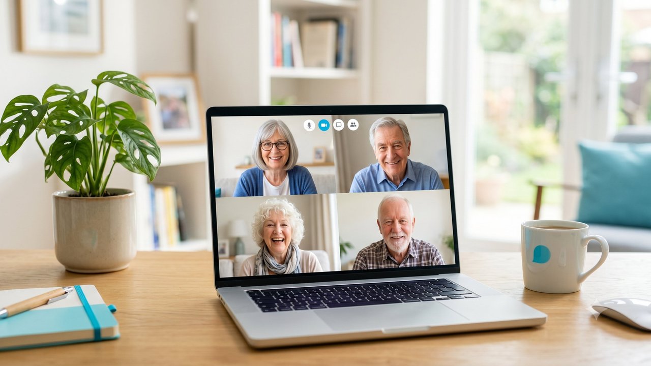 Une personne senior en visioconférence avec d'autres membres de la communauté Lano sur son ordinateur portable