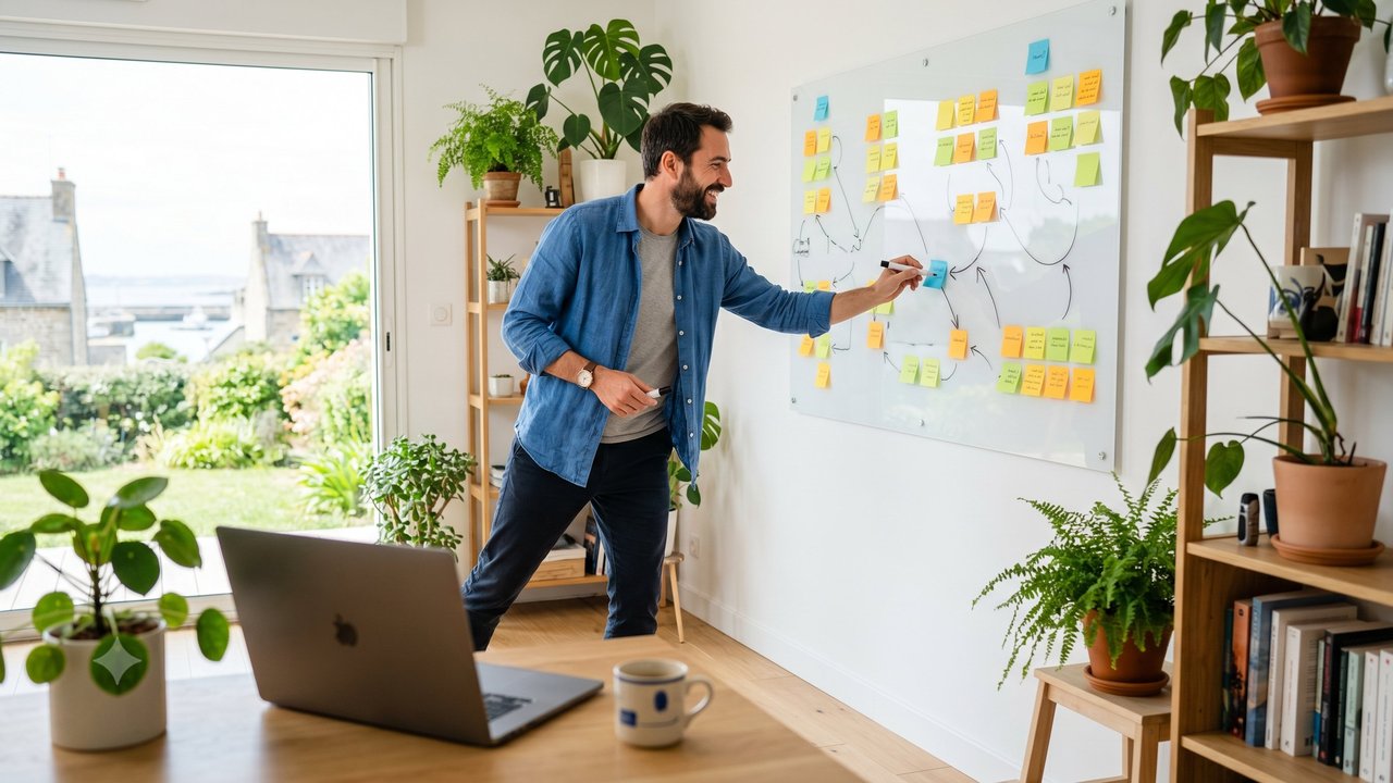 Un homme entrepreneur, debout et souriant, organise le parcours de son projet sur un tableau couvert de notes adhésives dans un espace de travail lumineux